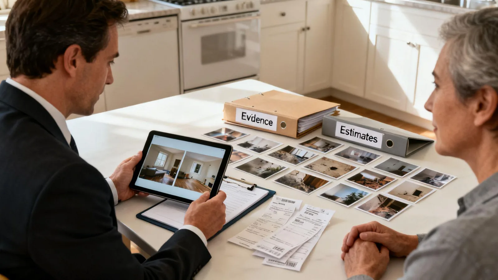 Claims folder with printed photos and receipts organized on a desk